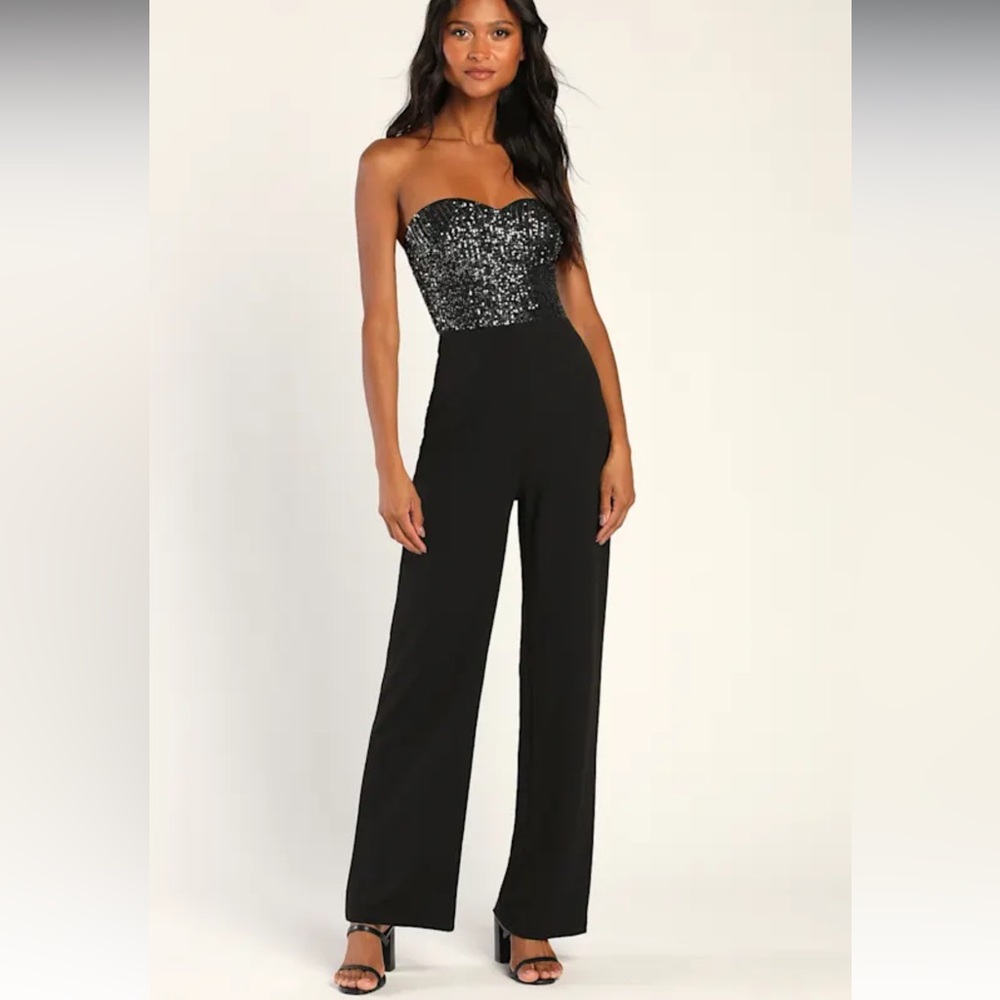 Lulu's Strapless Black and Silver Jumpsuit